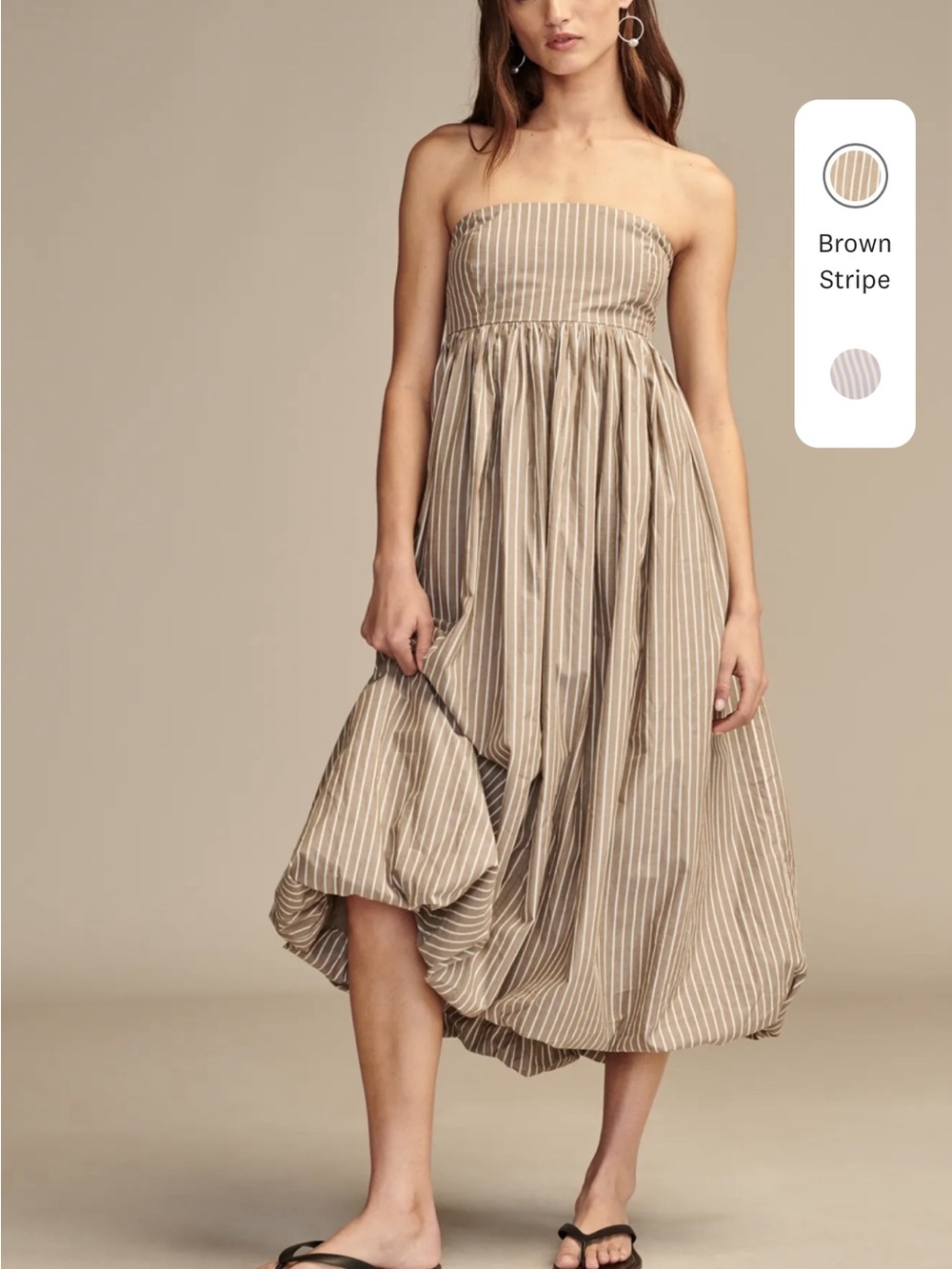 SUPER CUTE triped Strapless Brown Midi Dress with Balloon Hem